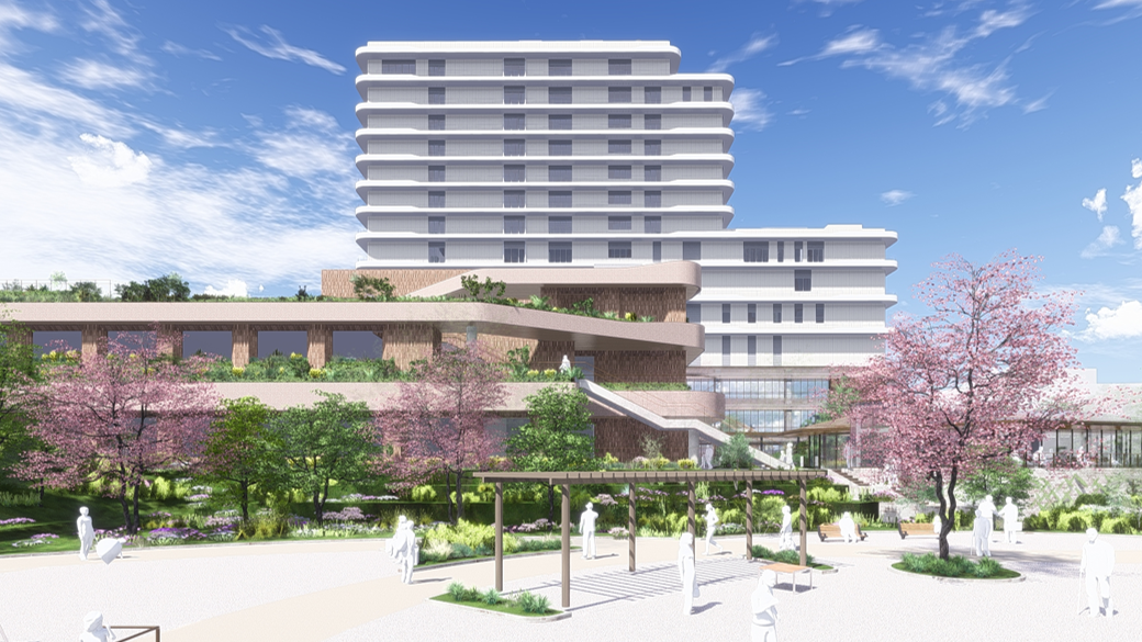 ③公園と一体化した緑に囲まれた病院