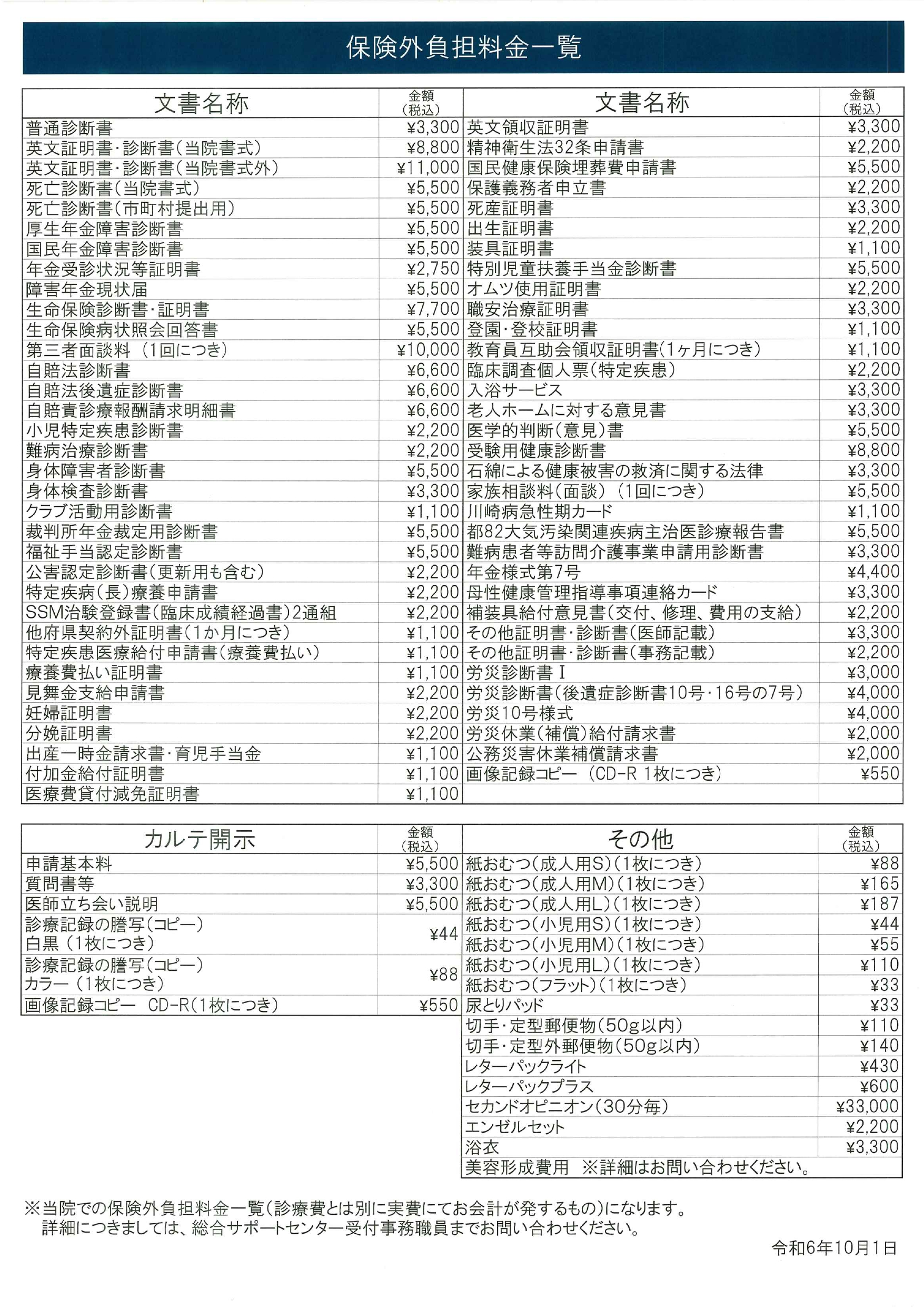 2.保険外負担料金一覧表