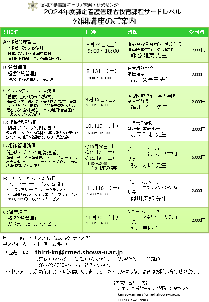 公開講座 受講者募集について(2024年度認定看護管理者教育課程 公開講座 受講者募集について(2024年度認定看護管理者教育課程